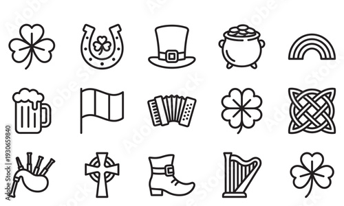 Irish culture and St. Patrick's Day symbols are presented as a comprehensive collection of festive outline icons for celebration.