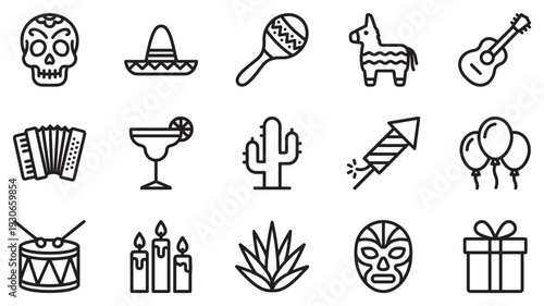 Mexican celebration icons collection showcases traditional cultural symbols and festive elements for various events.