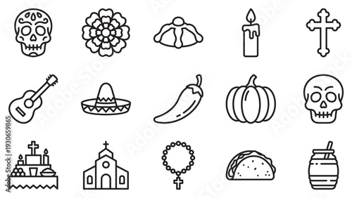 Mexican culture icons set featuring traditional symbols for Day of the Dead celebration and Hispanic heritage.