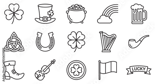 St. Patrick's Day Irish icons collection featuring traditional symbols of luck and celebration in a simple outline style.