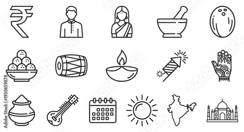 Indian culture icons and symbols collection representing various aspects of the country's rich heritage and traditions.