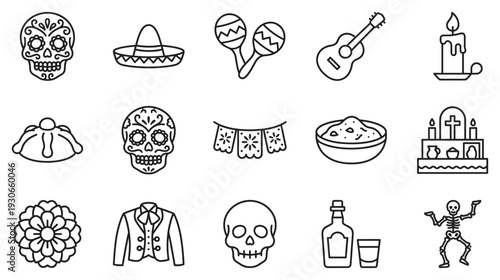 Mexican Day of the Dead icons and cultural symbols are displayed in a festive collection of outline illustrations.