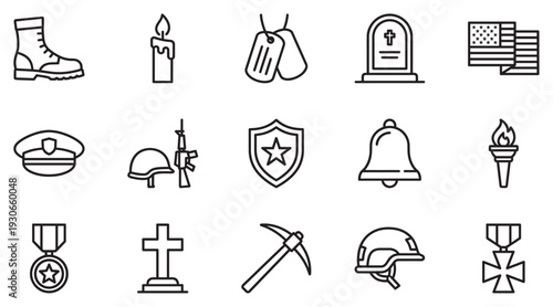 Military memorial service icons collection representing patriotism, honor, and remembrance for veterans and fallen soldiers on national holidays.