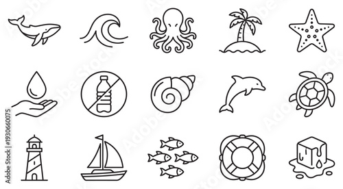 Ocean and marine life icons set featuring various sea creatures and nautical elements in a simple line art style.