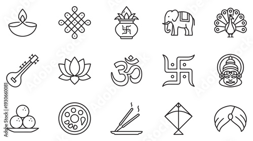 Indian cultural and religious icons collection in a clean line art style, perfect for diverse design projects.