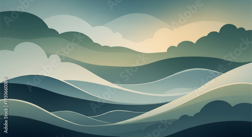 Abstract Landscape with Rolling Hills and Clouds.