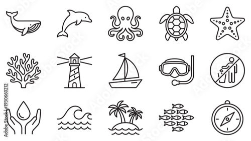 Ocean icons collection featuring various marine animals, nautical elements, and environmental symbols for sea-themed designs.