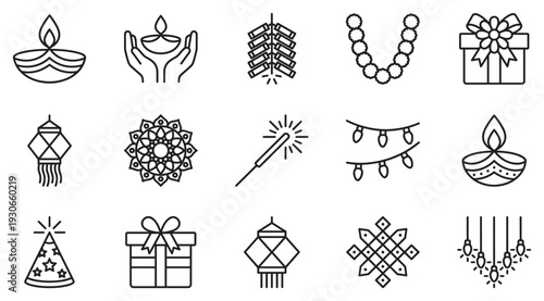 Diwali festival celebration icons feature traditional Indian symbols and decorations, perfect for illustrating the Hindu holiday.