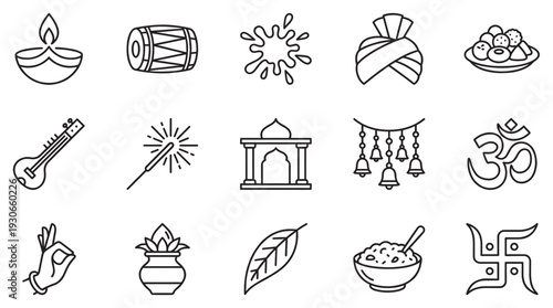 Indian festival elements icons set featuring traditional symbols and cultural objects for celebration and religious events.