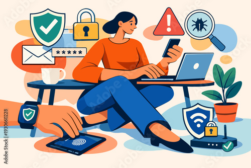 Image Generation. Cybersecurity as a daily habit. A person calmly navigating devices while outlined warnings
