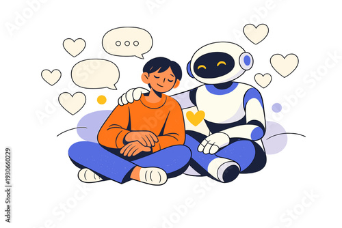 Image Generation. Emotional AI and mental health support. A person sitting calmly with an AI companion,