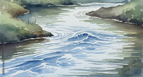 Serene River Flowing Through Lush Green Landscape.