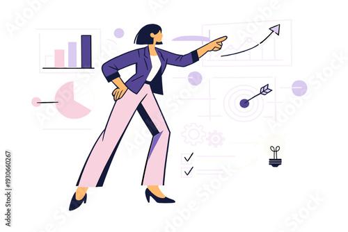 Image Generation. Turning data into decisions. A professional pointing at transparent dashboards with outlined