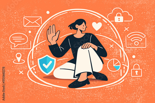 Image Generation. Digital privacy as personal space. A human figure surrounded by outlined boundaries and