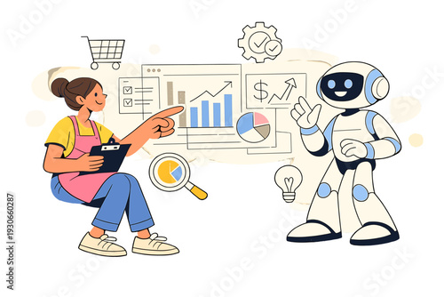 Image Generation. AI-powered tools for small businesses. A small shop owner reviewing insights with an AI