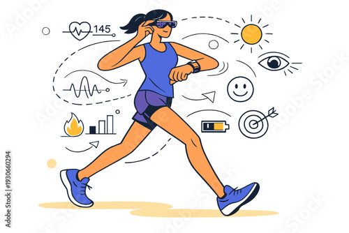 Image Generation. Wearable tech for health and lifestyle. A runner checking smart glasses and a fitness band,