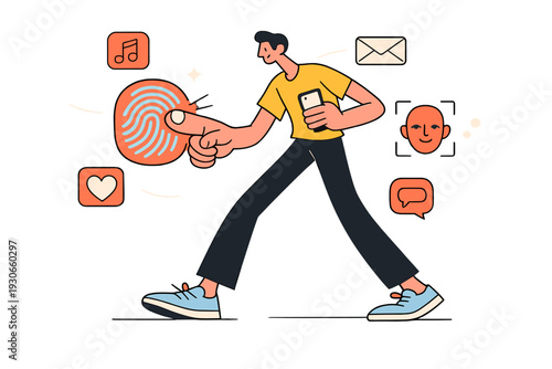 Image Generation. Passwordless security in everyday life. A user accessing apps through fingerprint and face