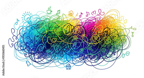 Abstract colorful doodle art with musical notes and swirls.