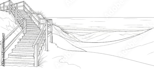 A wooden staircase leads to a serene ocean view across rolling sand dunes