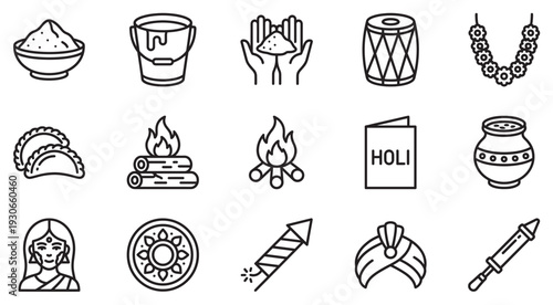 Holi festival celebration traditional elements outline icons depicting various cultural symbols and objects associated with the vibrant Indian spring festival.