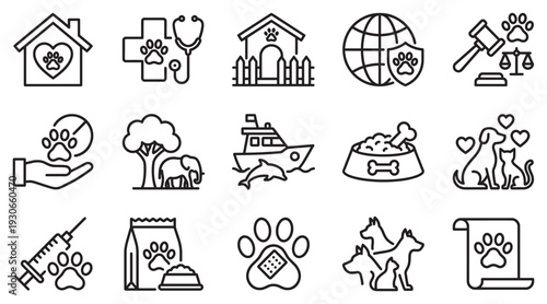 Animal care and pet welfare line art icons representing veterinary services, adoption, protection, and companionship for various animals.