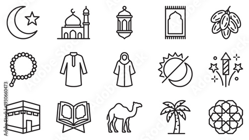 Islamic icons set featuring religious symbols, cultural elements, and traditional items for Ramadan, Eid, and other Islamic celebrations.