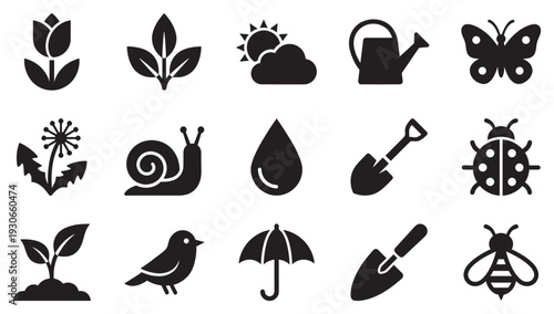Gardening and nature icons collection featuring various plants, insects, tools, and weather elements in a simple silhouette style.