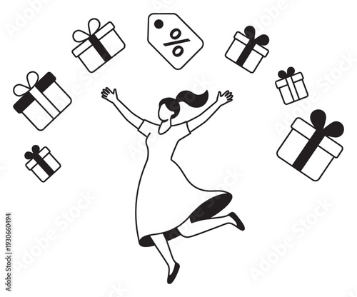Joyful woman leaps high into the air with arms outstretched, celebrating fantastic shopping deals and received presents.