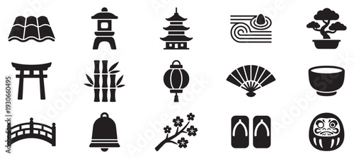 Japanese cultural icons set traditional symbols vector graphic design elements representing various aspects of Asian heritage.