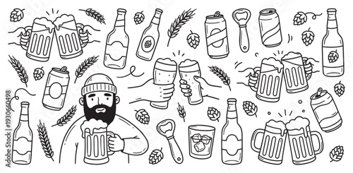 Beer mugs bottles cans hops wheat and a bearded man surrounded by various hand-drawn elements of a lively pub scene.
