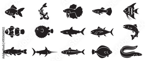 Fish icons collection showcasing a diverse range of marine and freshwater species in a modern flat design style.