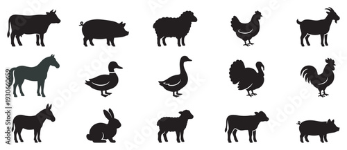 Farm animals silhouettes collection featuring various livestock and poultry species for agricultural and rural themed designs.