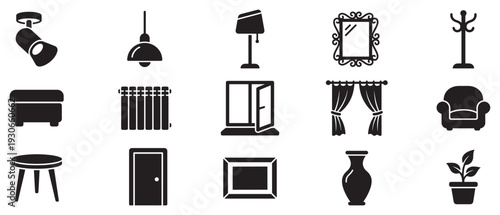 Household furniture and decor items collection of black silhouette icons representing various interior elements for home design.