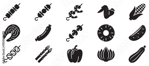 Summer grilling food icons showcase a diverse selection of meats, seafood, and produce for outdoor meals and healthy eating.