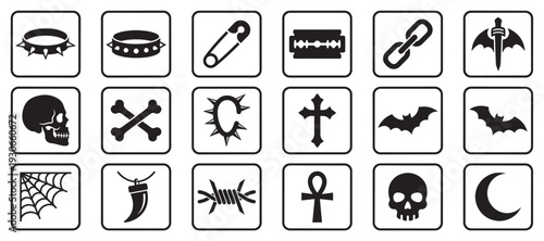 Gothic punk alternative symbols collection showcases a diverse range of edgy and dark graphic elements for creative design projects.