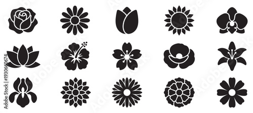 Flower icons set featuring various beautiful botanical plant shapes and floral elements for design projects and decorative purposes.