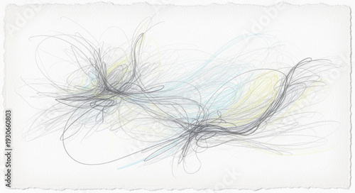Abstract pencil drawing with light blue and yellow accents.