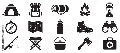 Camping and outdoor activity icons set in a grid pattern representing various adventure equipment and essentials for nature exploration.