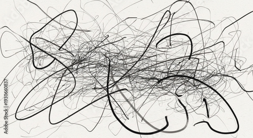 Abstract scribbled lines and chaotic patterns on white background.