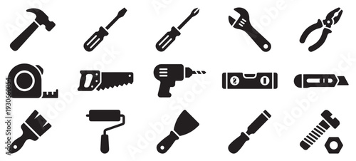 Construction tools icons set for building and repair projects, featuring various essential equipment for home improvement and professional work.