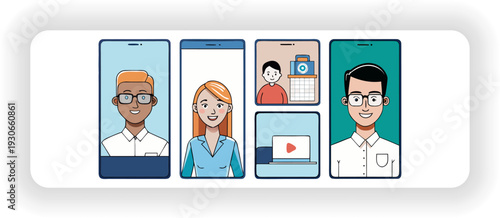 Digital Connection: Digital portraits of four individuals with a display that may involve communication in technology, capturing the essence of online interactions.