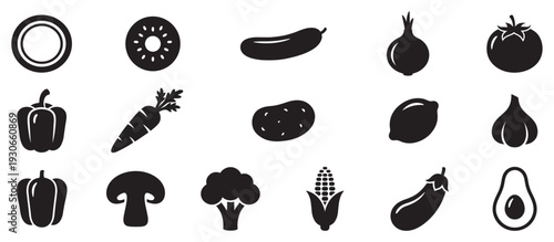 Various fruits and vegetables silhouette icons representing healthy food and fresh produce for a balanced diet and nutrition.