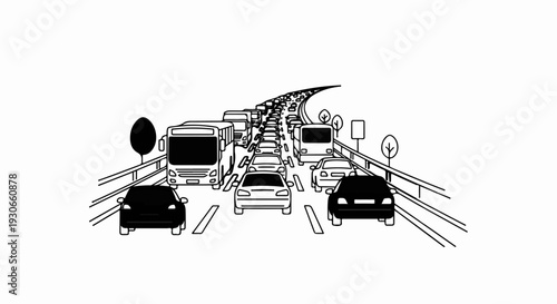 Dense traffic congestion on a highway with cars, buses, and trees