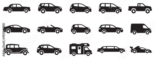 Vehicle types icons set showcasing a diverse collection of automobiles, trucks, and vans for transportation, travel, and automotive design concepts.