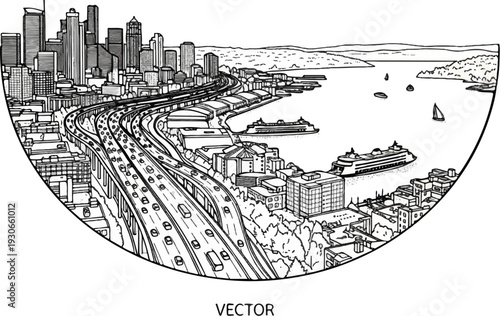 Detailed black and white sketch of a busy city harbor with highways, buildings, and ferries