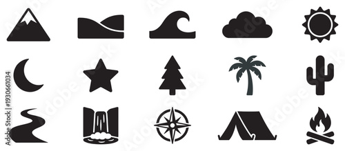 Collection of nature icons showcasing diverse outdoor and weather elements, ideal for travel and adventure designs.