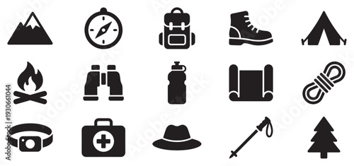 Camping hiking outdoor adventure travel equipment vector symbols depict essential gear for wilderness exploration and nature activities.