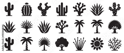 Desert and tropical plant icons collection featuring various cacti, palm trees, and succulents in a minimalist silhouette style.
