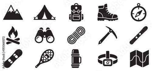 Outdoor adventure camping hiking winter sports equipment set features various essential items for exploration and recreation.