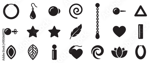 Collection of diverse jewelry and symbol icons presented in a minimalist black silhouette style, ideal for various design projects.
